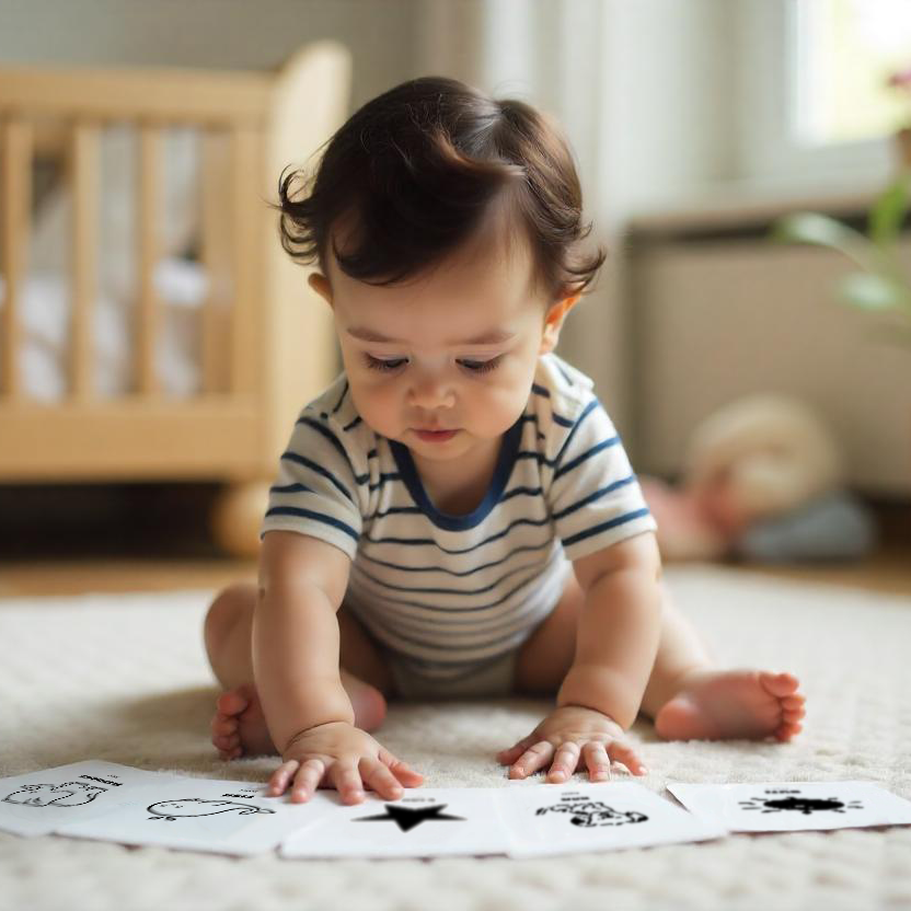 baby playing with flash cards
