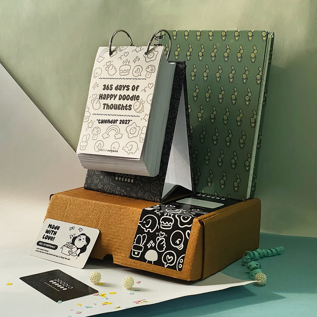 Premium Desk Calendar 2027 | 365 Days Happy Doodle Thoughts Calendar | 2027 Desktop Calendar | 13x22cm | Aesthetic Table calendar | Black and White, Colorful Pages