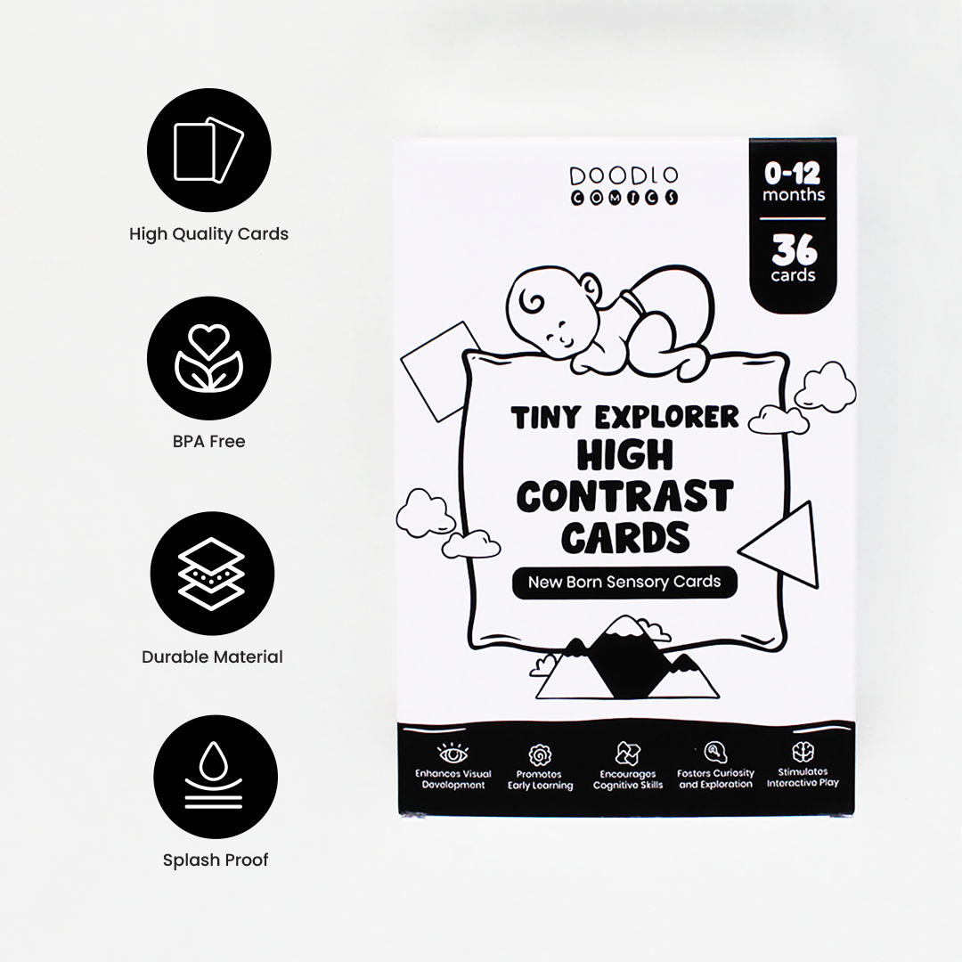 “Black & white Doodle Comics baby flash card front side box image showing set featuring high quality, BPA Free, Splash proof”