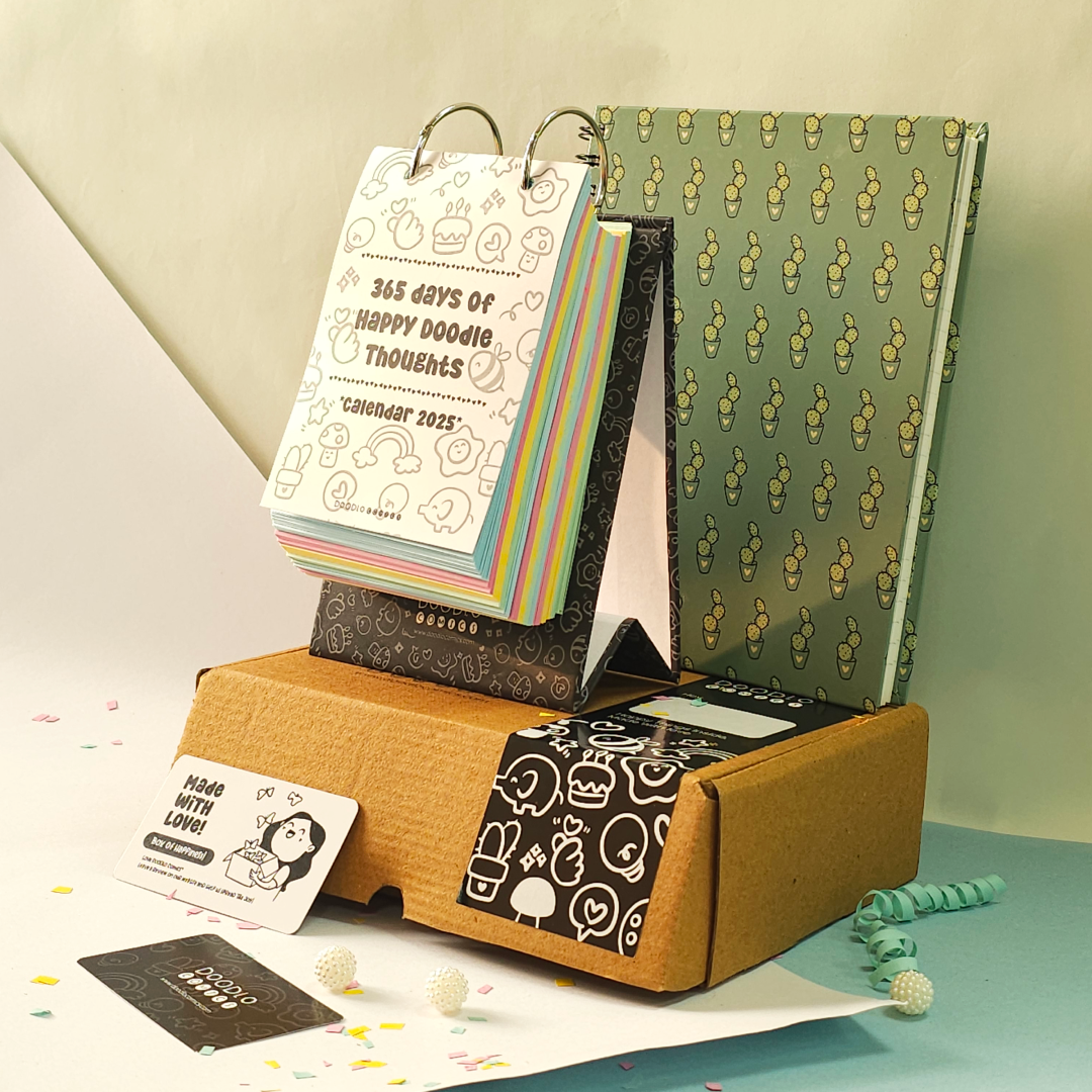 Cover of the 365 Days Happy Thoughts Colorful Calendar showcasing vibrant doodle illustrations