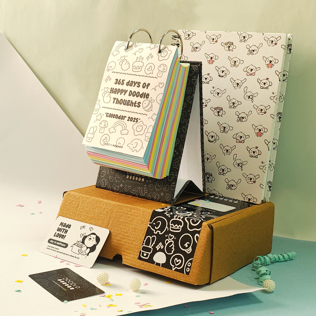 Daily layout of the 365 Days Happy Thoughts Colorful Calendar featuring inspirational quotes and doodles
