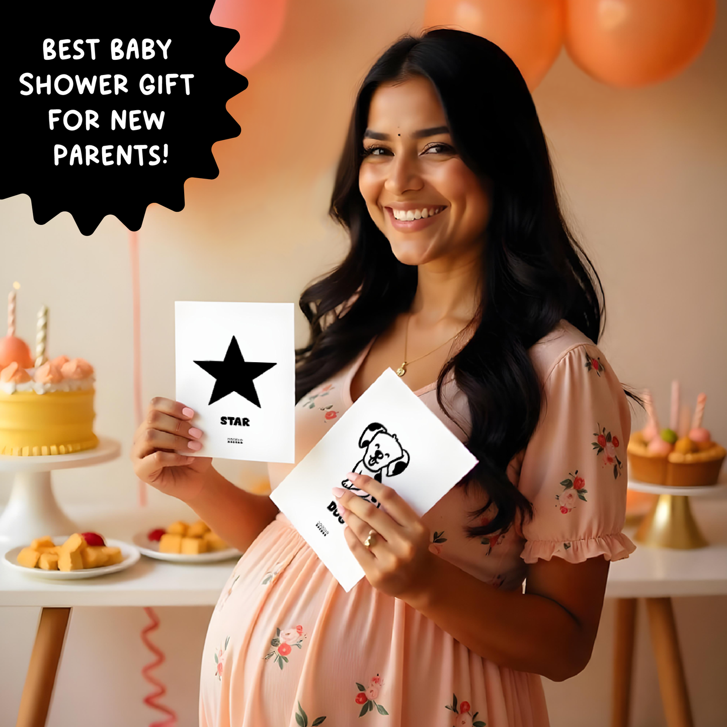 Pregnant woman holding 2 flash cards on  baby shower celebration