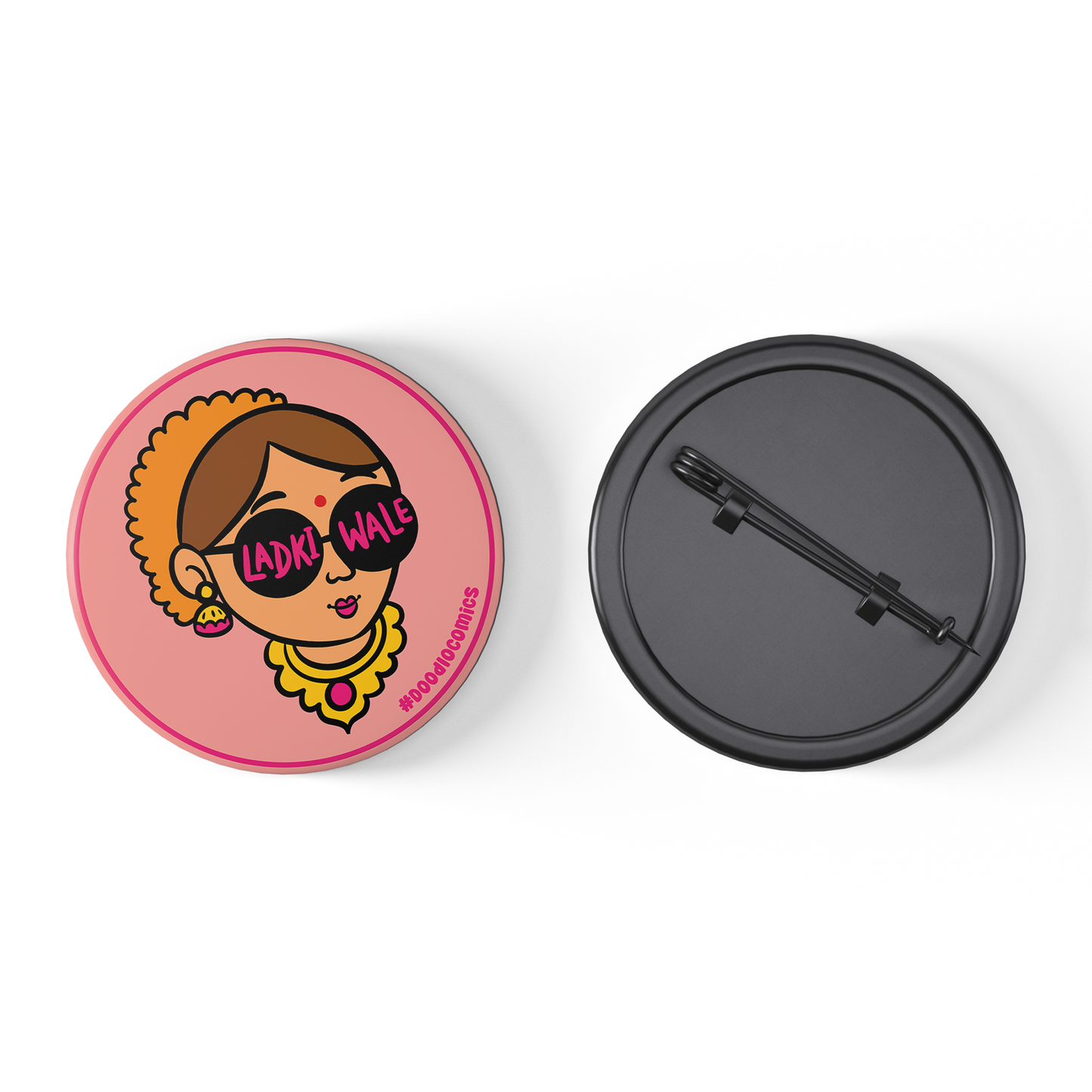 “Front and back view of team bride badge with pin ”