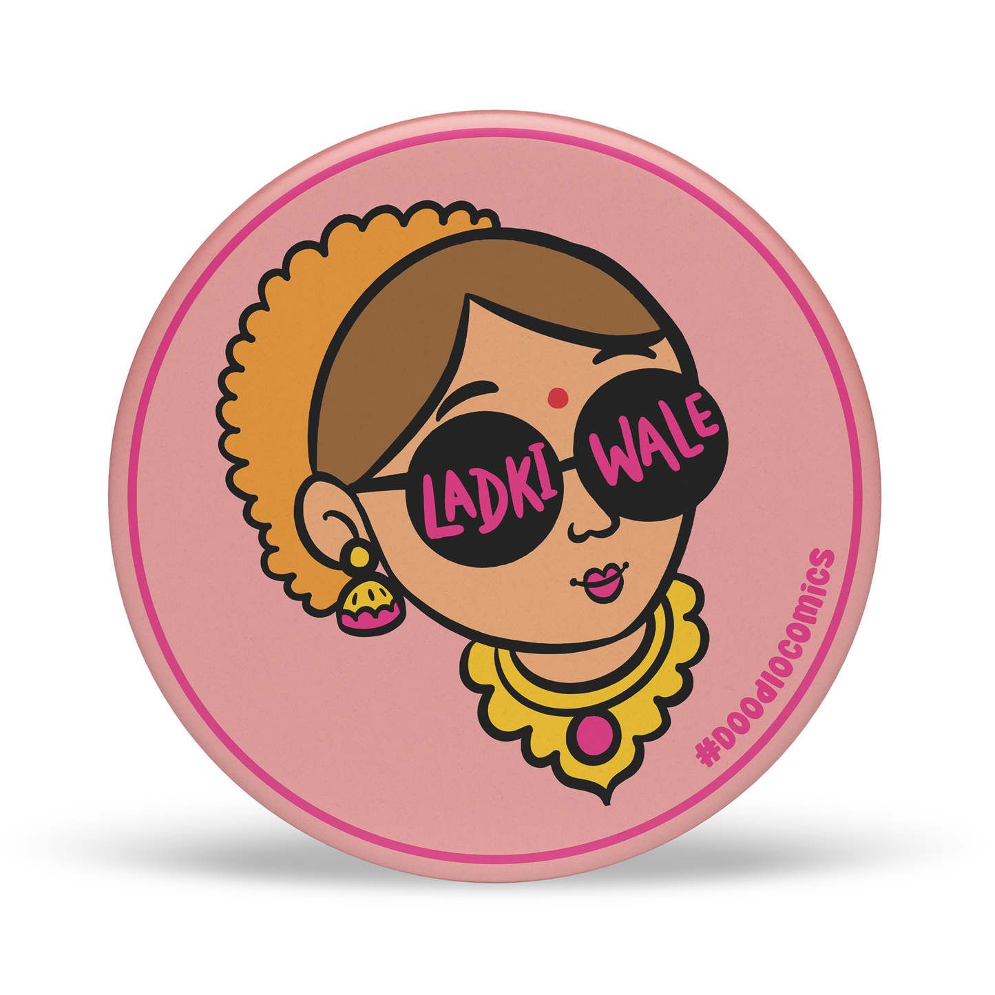 “Pink Ladki Wale doodle badge showing artwork and pin backside”