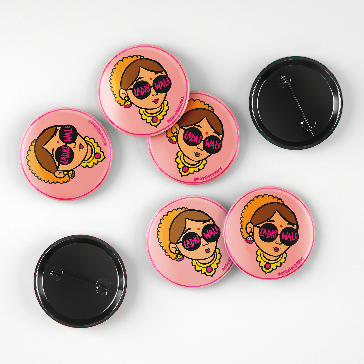“Cute pink Ladki Wale doodle badges front & back pin and rear display by Doodle Comics”