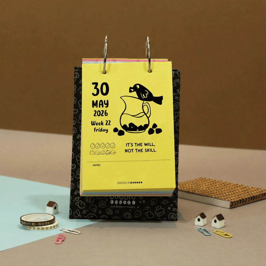 Bright yellow 2026 daily calendar with doodle illustration  perfect office gift by Doodlo Comics.
