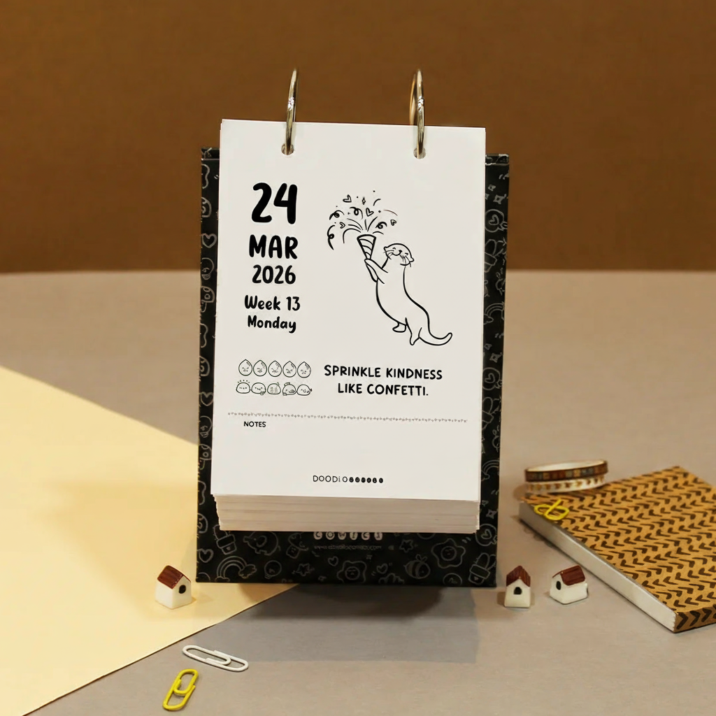 black and white daily doodle desk calendar 2026 with motivational quote-positive quote for work desk