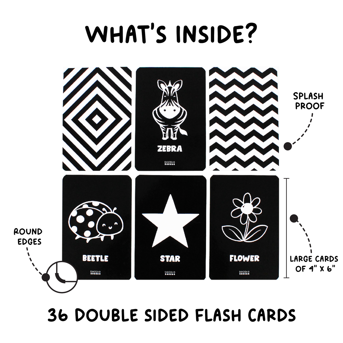 6 inside box  balck and white flash cards with illustrations of a zebra, beetle, star, flower