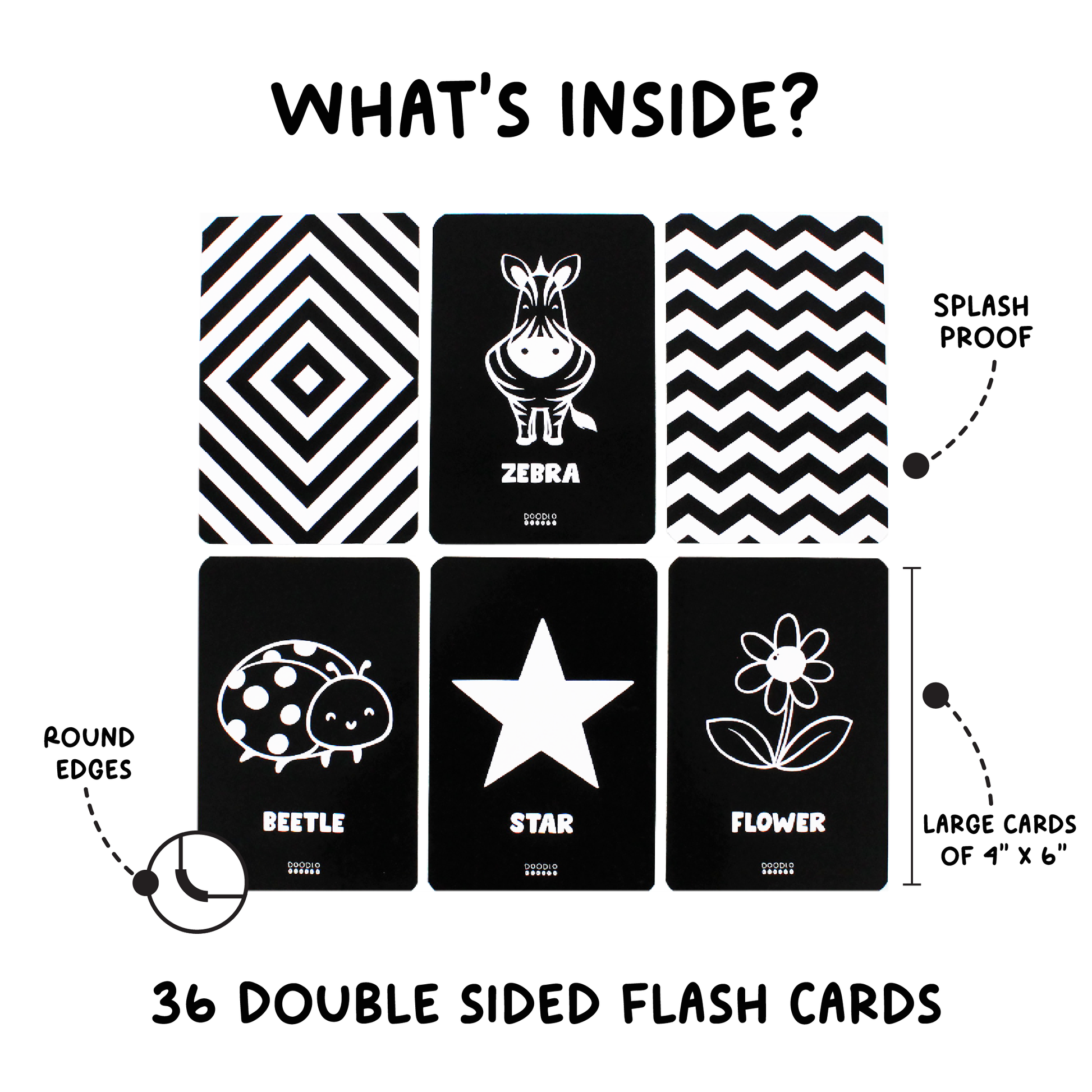 6 inside box  balck and white flash cards with illustrations of a zebra, beetle, star, flower