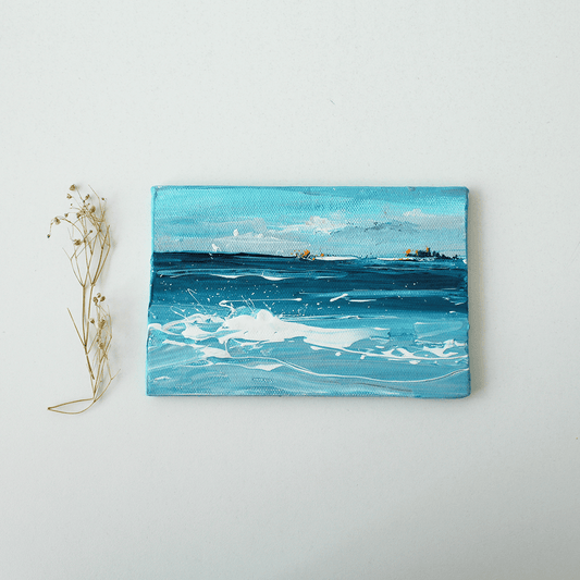 "Blue ocean mini canvas painting with white boots, hand-drawn sea art on white background – coastal decor illustration"