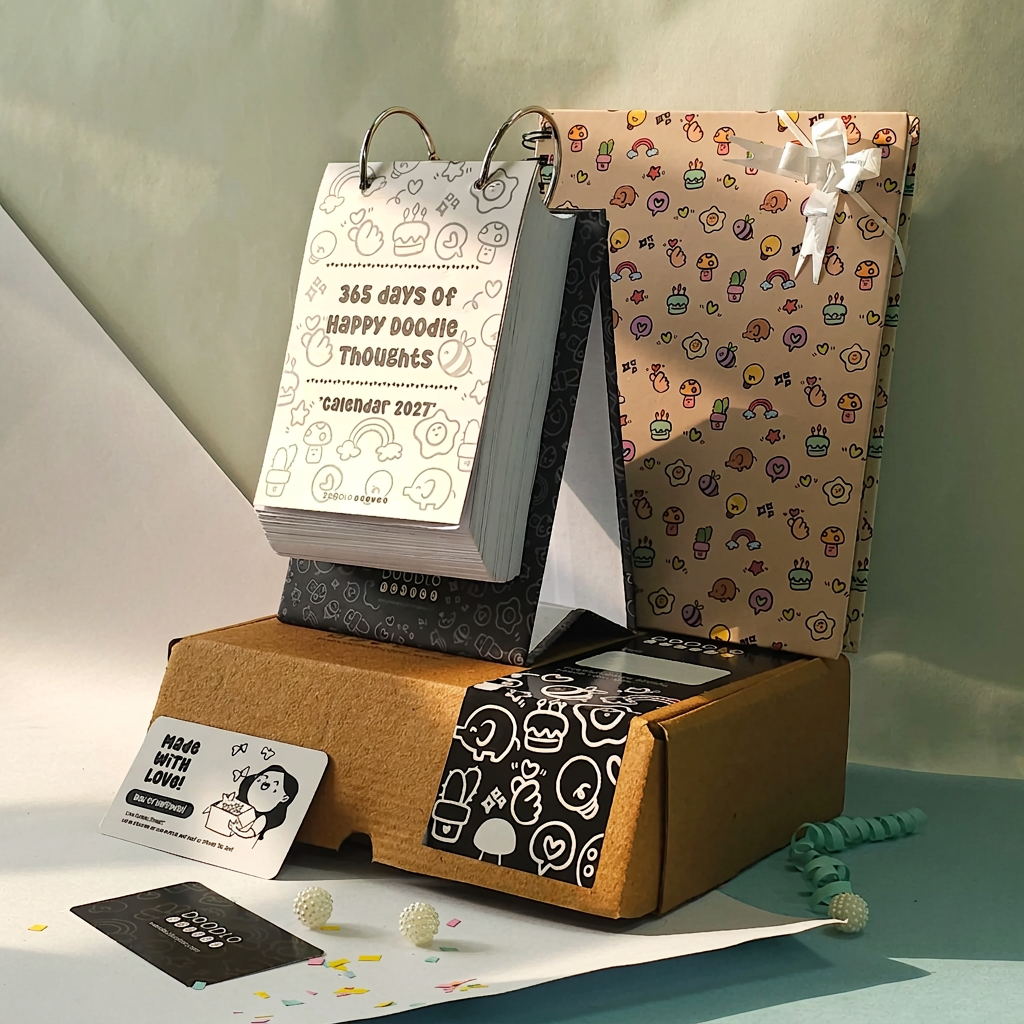 Premium Desk Calendar 2027 | 365 Days Happy Doodle Thoughts Calendar | 2027 Desktop Calendar | 13x22cm | Aesthetic Table calendar | Black and White, Colorful Pages