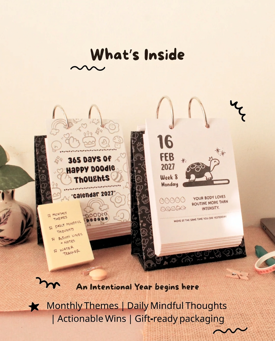 Premium Desk Calendar 2027 | 365 Days Happy Doodle Thoughts Calendar | 2027 Desktop Calendar | 13x22cm | Aesthetic Table calendar | Black and White, Colorful Pages