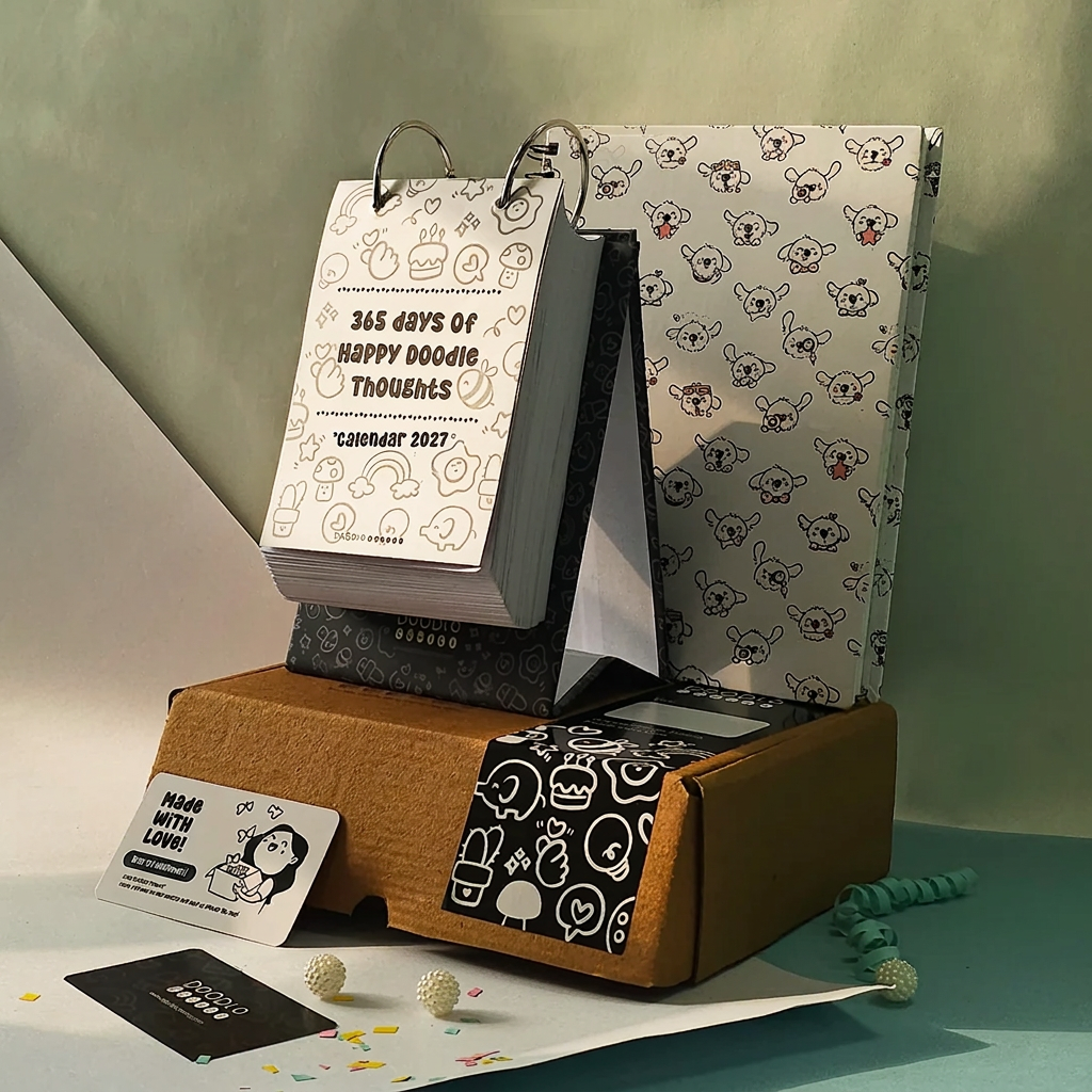 Premium Desk Calendar 2027 | 365 Days Happy Doodle Thoughts Calendar | 2027 Desktop Calendar | 13x22cm | Aesthetic Table calendar | Black and White, Colorful Pages