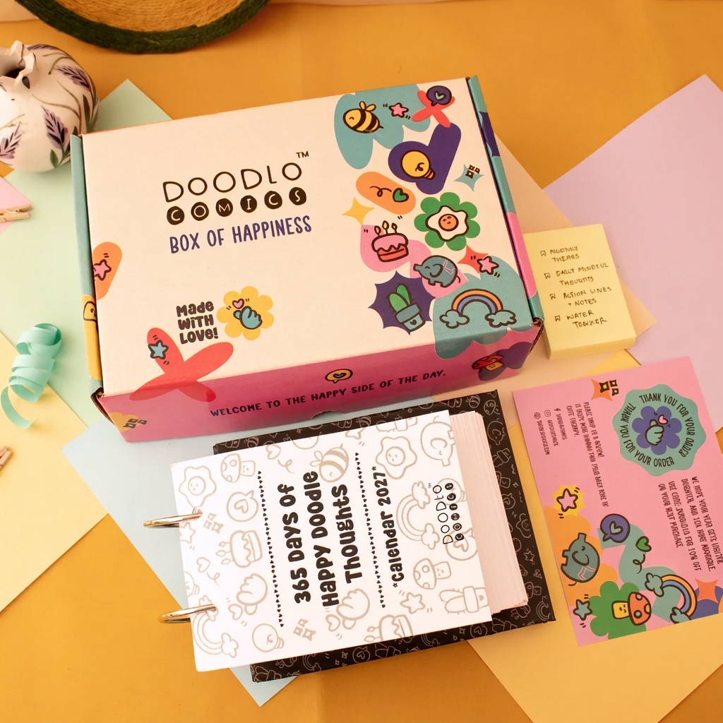 Premium Desk Calendar 2027 | 365 Days Happy Doodle Thoughts Calendar | 2027 Desktop Calendar | 13x22cm | Aesthetic Table calendar | Black and White, Colorful Pages