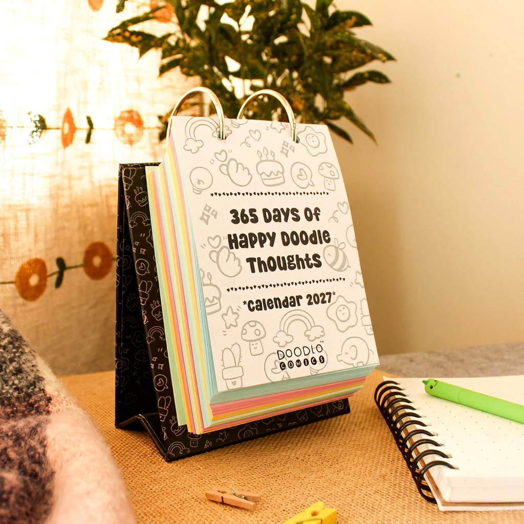 Premium Desk Calendar 2027 | 365 Days Happy Doodle Thoughts Calendar | 2027 Desktop Calendar | 13x22cm | Aesthetic Table calendar | Black and White, Colorful Pages