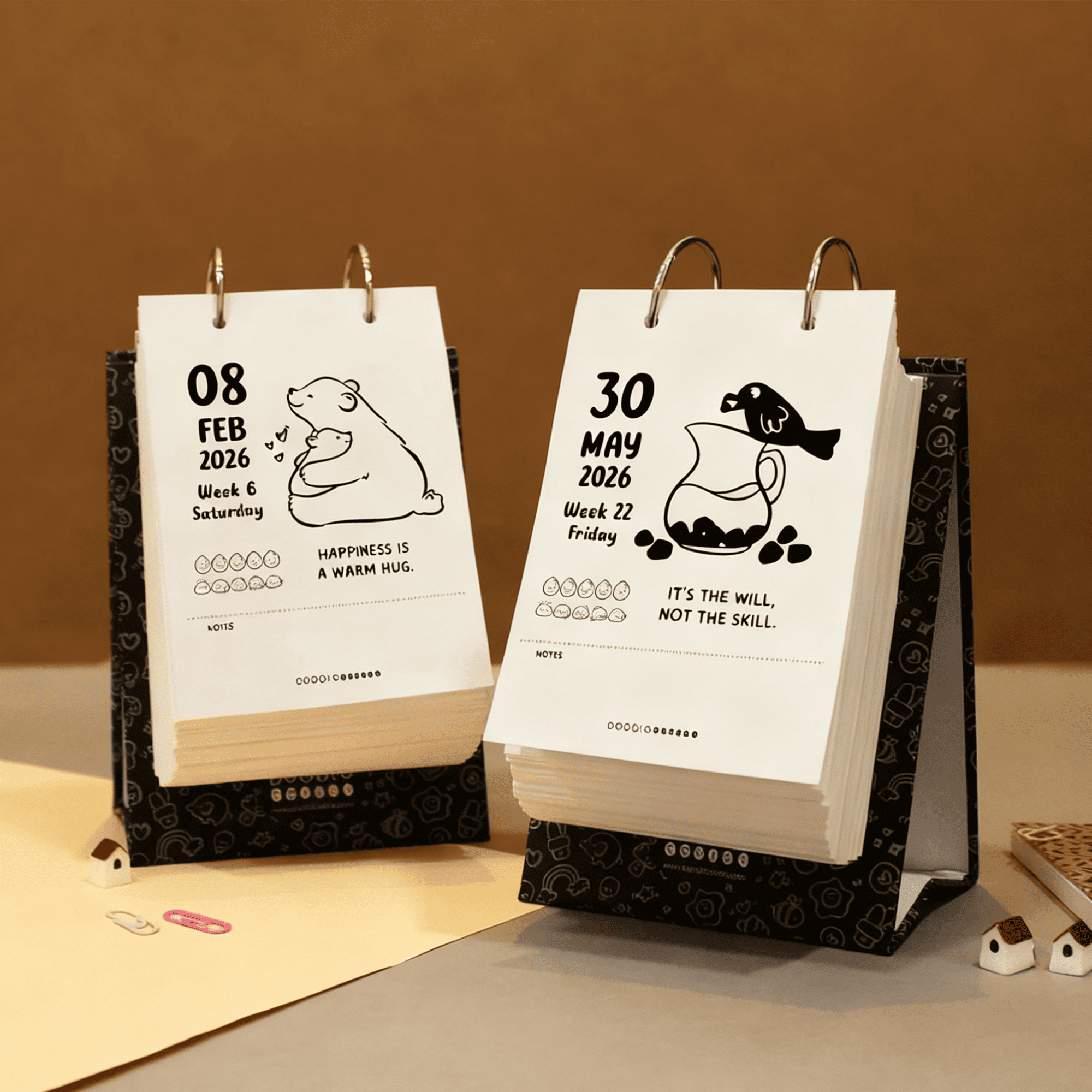 Premium Desk Calendar 2026 | 365 Days Happy Doodle Thoughts Calendar | 2026 Desktop Calendar | 13x22cm | Aesthetic Table calendar | Black and White, Colorful Pages