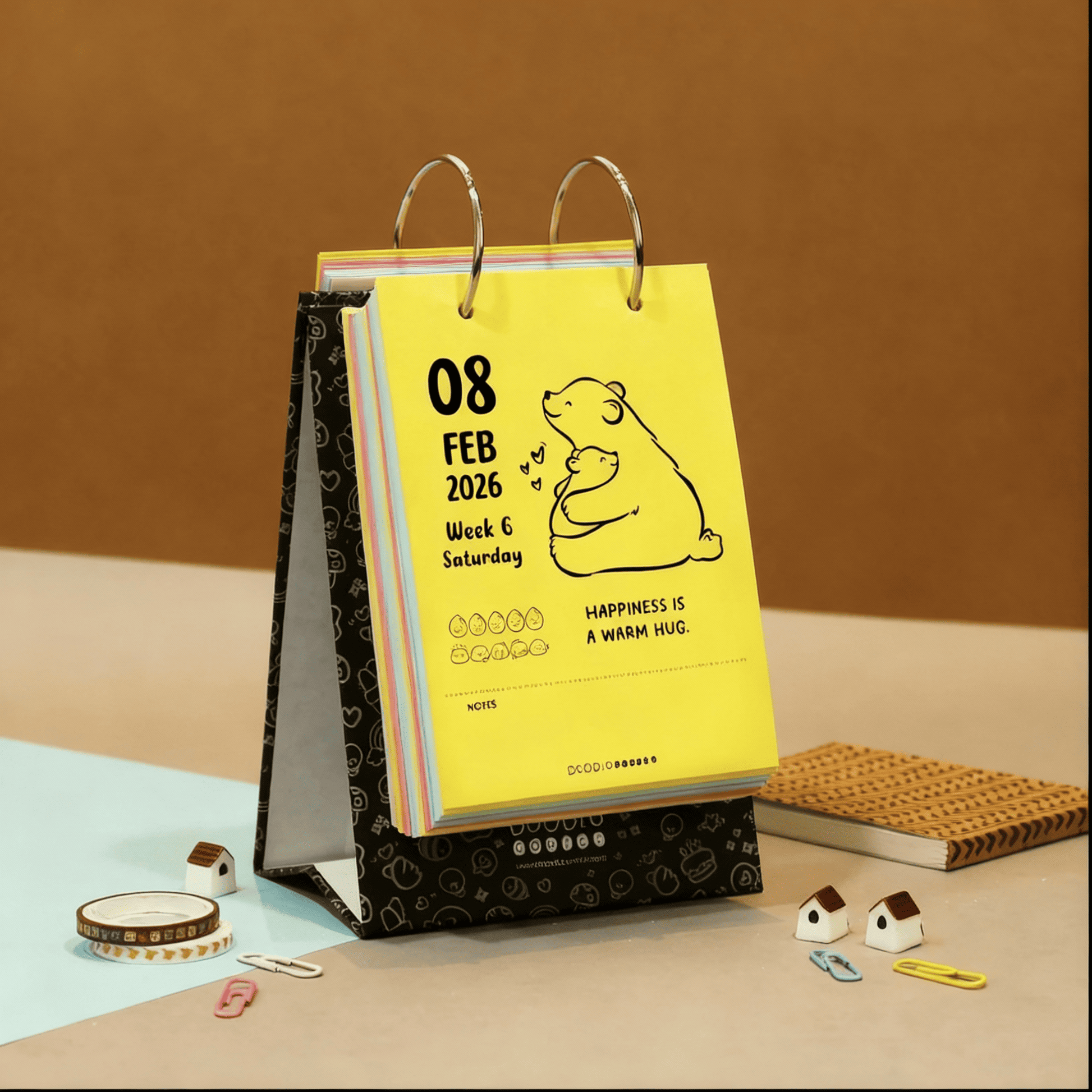 Yellow Doodlo Comics 2026 desk calendar page with doodle art and motivational quote for workspaces.