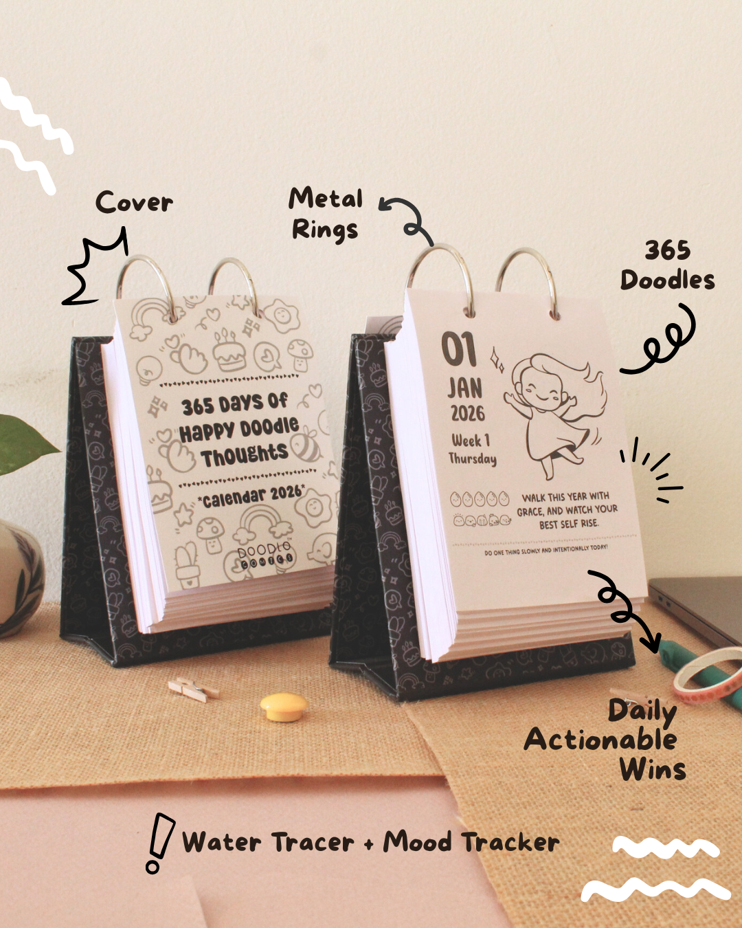 Premium Desk Calendar 2026 | 365 Days Happy Doodle Thoughts Calendar | 2026 Desktop Calendar | 13x22cm | Aesthetic Table calendar | Black and White, Colorful Pages