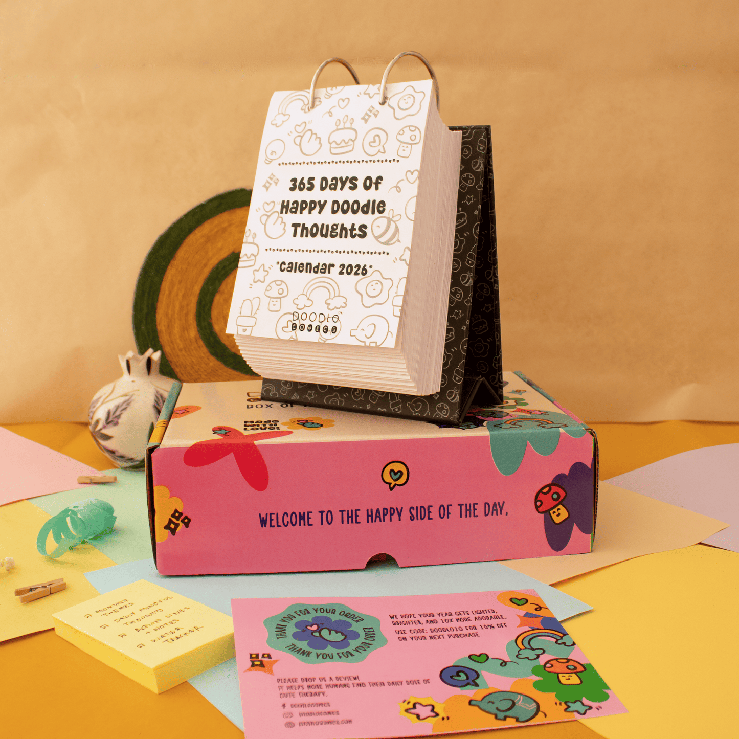 Premium Desk Calendar 2026 | 365 Days Happy Doodle Thoughts Calendar | 2026 Desktop Calendar | 13x22cm | Aesthetic Table calendar | Black and White, Colorful Pages