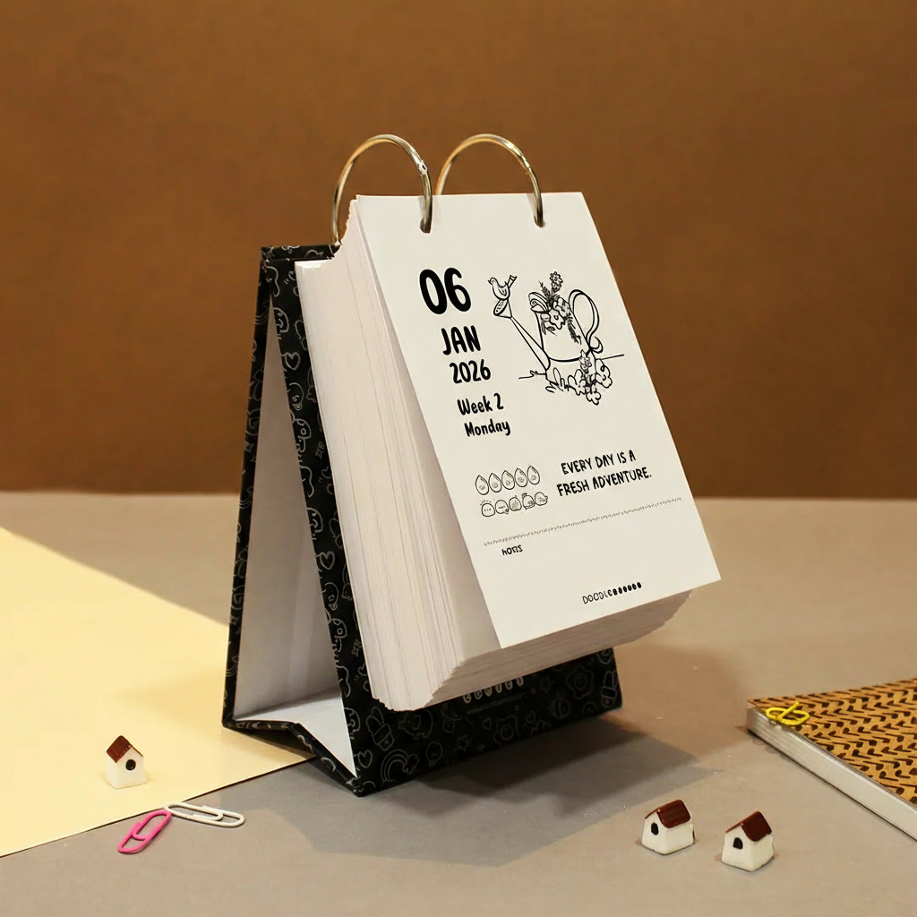 Table calendar 2026 Doodlo Comics daily planner with ring binding, wooden stand base, and inspirational quotes - eco-friendly desk calendar