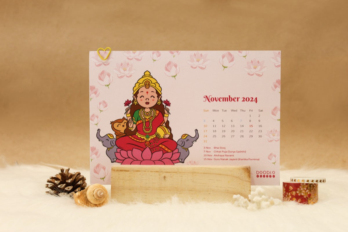 Cute Doodle Hindu God Avatar Wooden Desk Calendar 2024