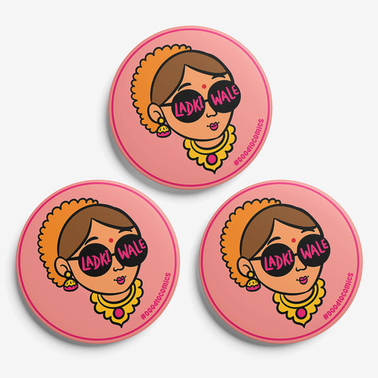 Ladki Wale Badges | Team Bride Badges | Doodle theme Perfect for Weddings, Bachelor Parties & Events | 56mm