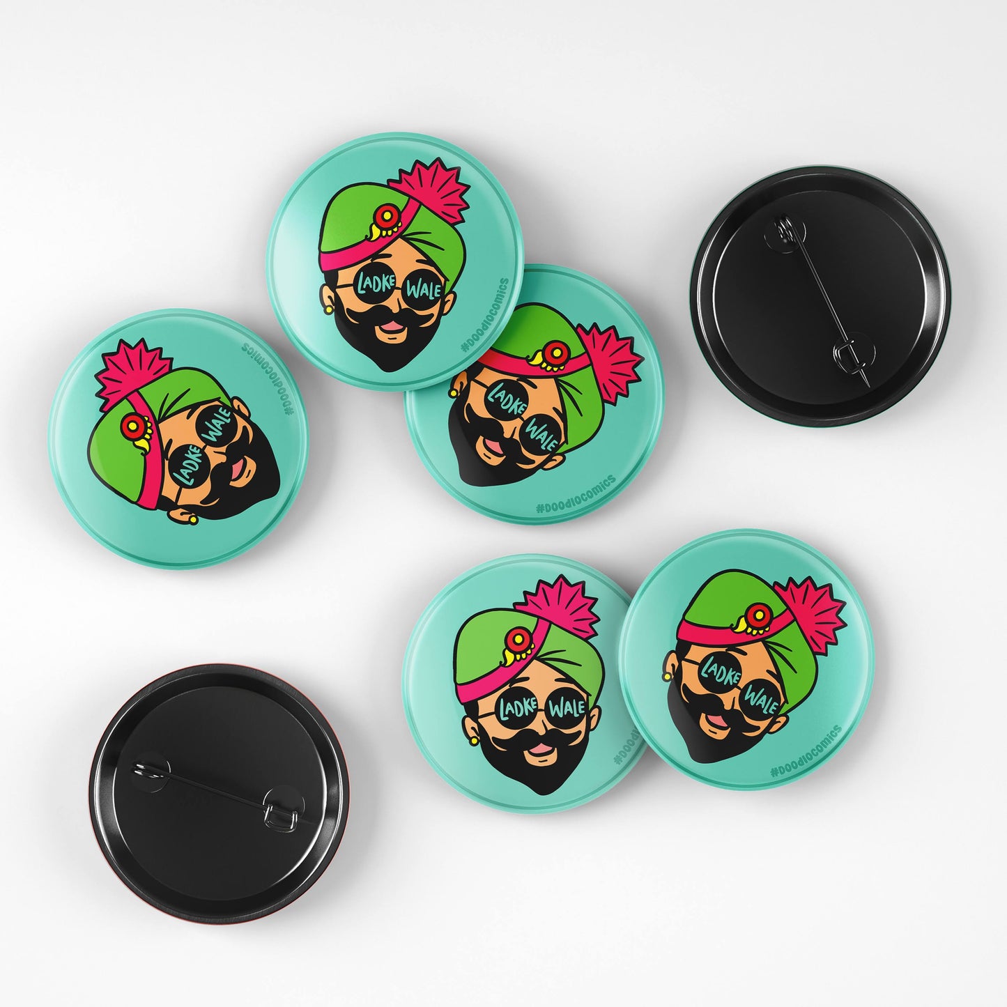 "Set of Ladke Wale groom badges with fun cartoon groom face, teal background and pin-back – wedding party favors"