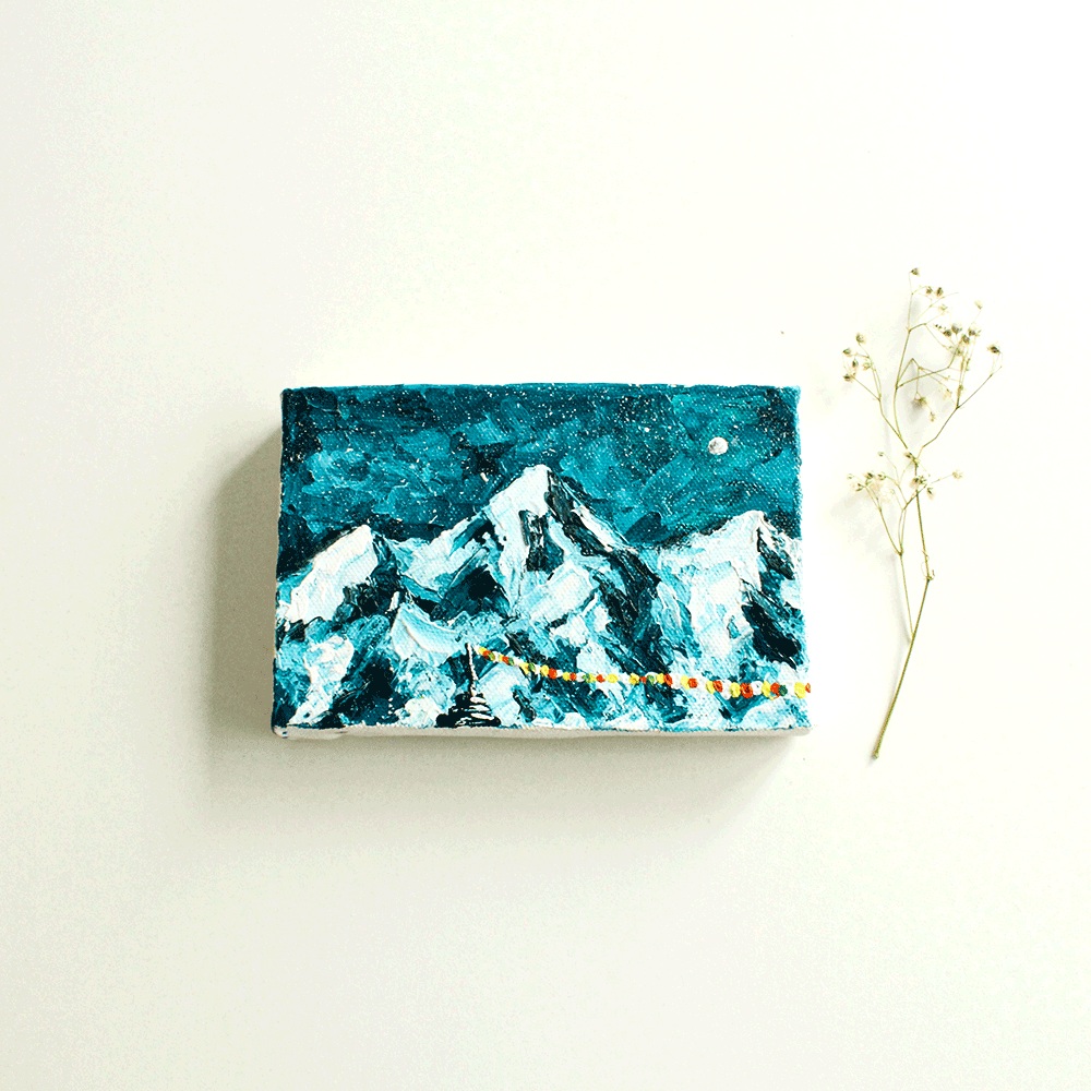 Handmade Mini Canvas Mount Everest with Gokyo Prayer Paintings